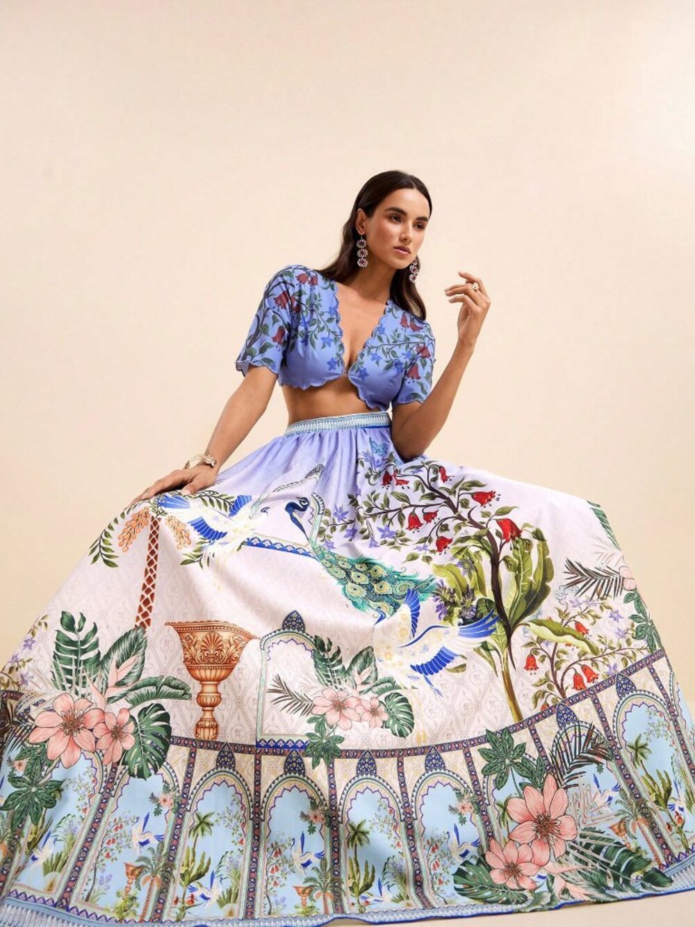 Multicolor Boho Women's Ombre Peacock Tropical Floral  vacation maxi Skirt